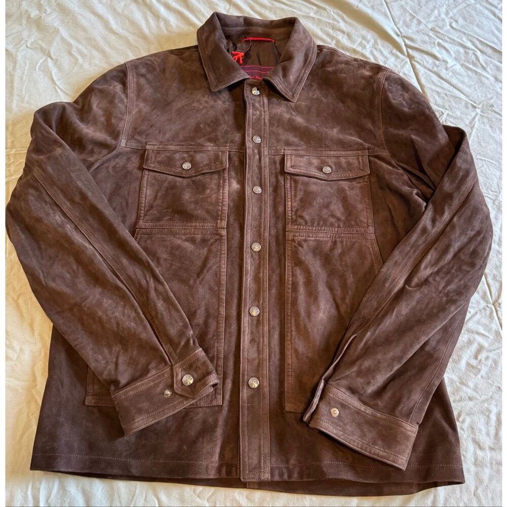 Isaia Napoli Size 44 54 Button Up Jacket Suede Leather Brown